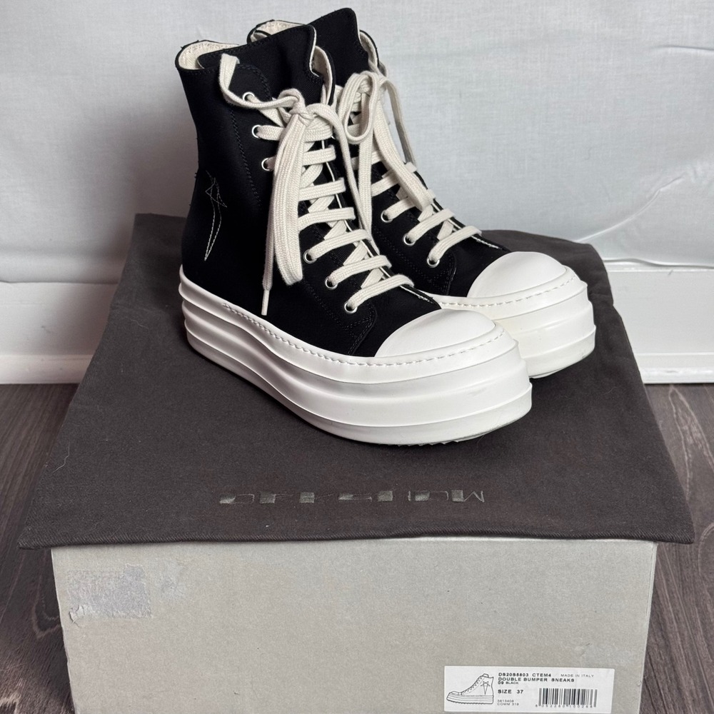 Rick Owens DRKSHDW Double Bumper Sneakers Black Milk Canvas DS20B8803 Size 37 W7